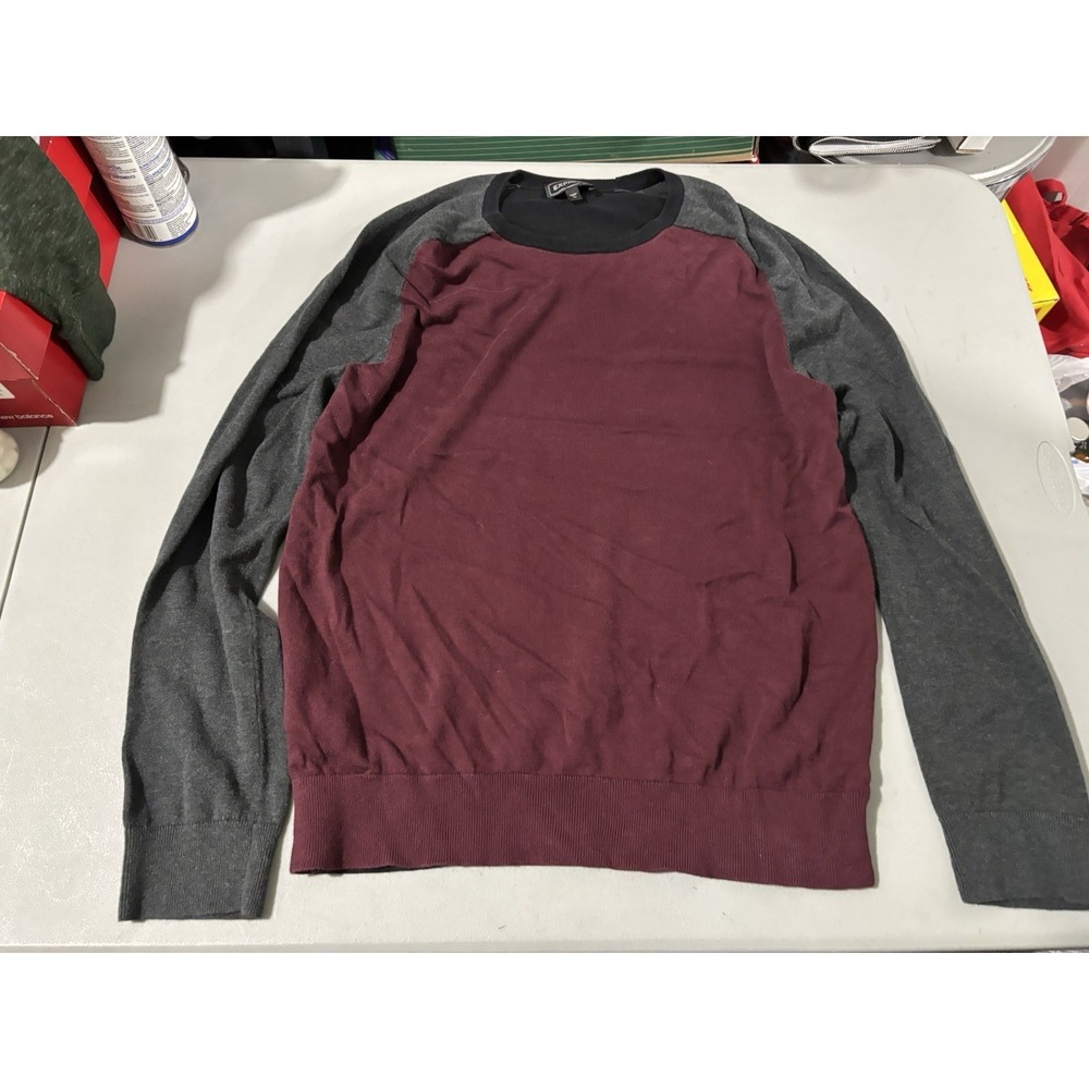 EXPRESS MENS COLORBLOCK SWEATER BURGUNDY/HEATHER CHARCOAL L